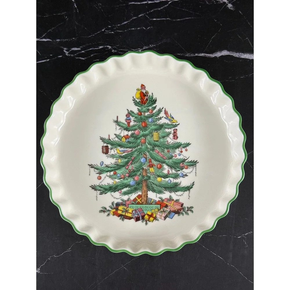 VTG Spode England Christmas Tree 9in Ruffled Fluted Tart Quiche Dish MINT!